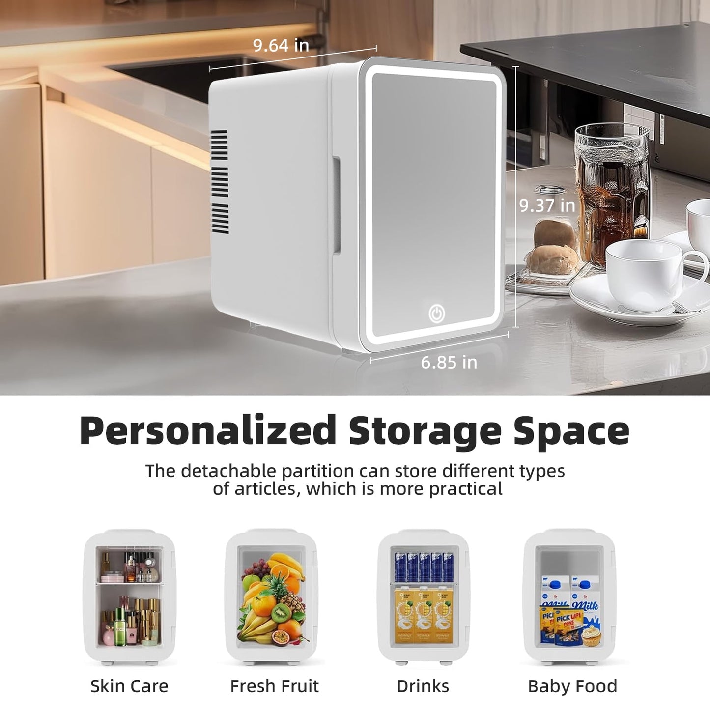 Skincare Fridge with Dimmable LED Light Mirror, 4L Compact Makeup Mini Fridge for Bedroom Car Office Dorm