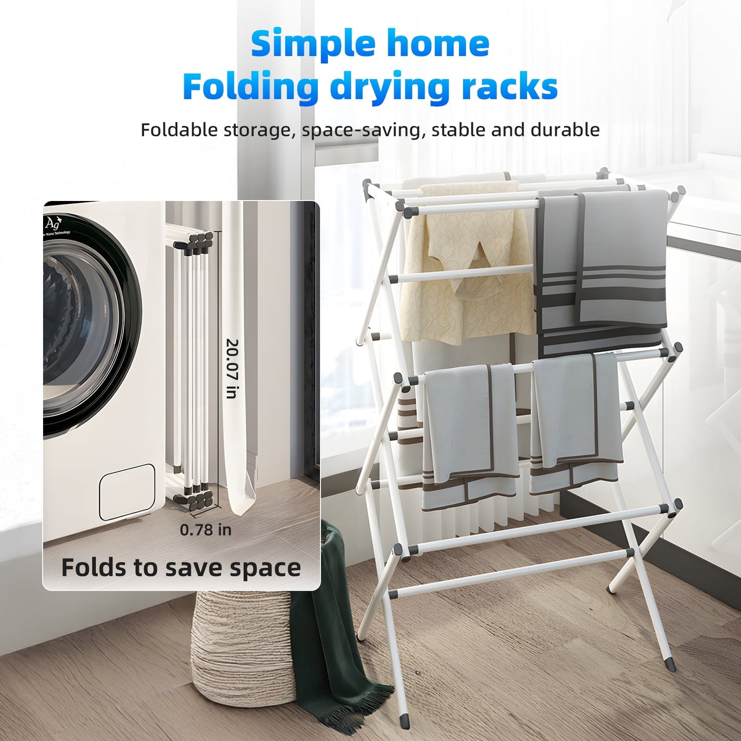 TORIO Foldable Clothes Drying Rack, Space-Saving, Durable, Adjustable, Ideal for Apartments & Dorms