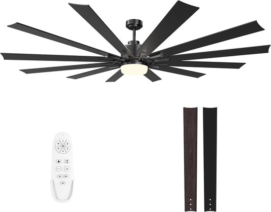 65 Inch Ceiling Fans with Lights and Remote, Black Indoor/Outdoor Ceiling Fan with Quiet Reversible DC Motor, 6 Speeds