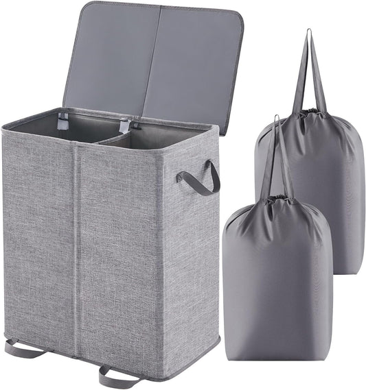 Double Laundry Hamper with Lid and Removable Laundry Bags Laundry Room Large Collapsible 2 Dividers Dirty Clothes Basket with Handles for Bedroom Closet