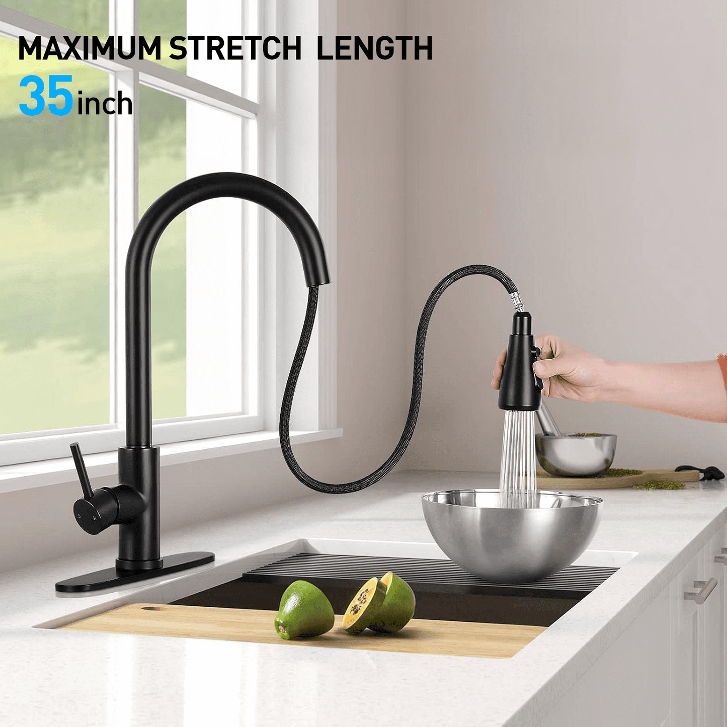 AMBLER Kitchen Faucet with Pull Down Sprayer, Kitchen Sink Faucet Two Water Flow Modes for Farmhouse Camper Laundry Utility Rv Wet Bar（Black）