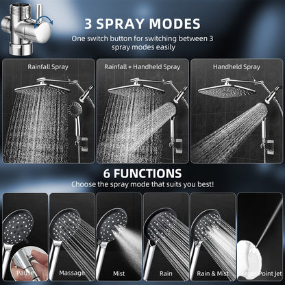 IJIL 12" Rain Shower Head, Handheld Spray Combo 6 Settings Adjustable High Pressure Dual Showerhead Silver Chrome