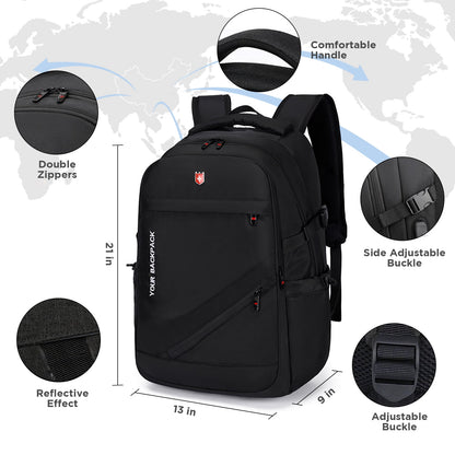 Kailwokk Travel Laptop Backpack for Men, 21" Large Waterproof Anti Theft Business Bag with USB Port, Black