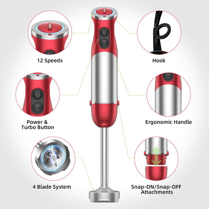 Immersion Blender Handheld for Kitchen: 5-in-1 1000W Multi-Purpose Hand Blender, 12-Speed Stick Blender for Making Baby Food, Soup, Puree, Cake