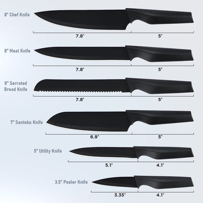 Kailwokk Kitchen Knife Set, 13 Pcs Stainless Steel Chef Knife Sets with Sharpener & 6 Blade Guards, Non-stick Coating, Dishwasher Safe, Perfect Gifts for Kitchen