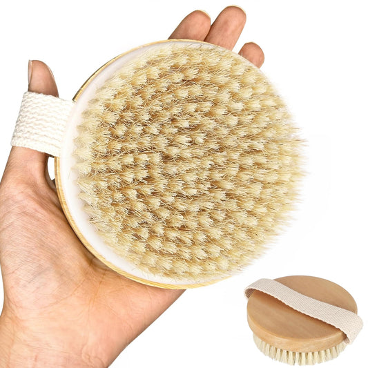 2 Pack Dry Body Brush,Natural Bristle Exfoliating Brush for Dry Skin,Improve Circulation,Lymphatic Drainage,Cellulite