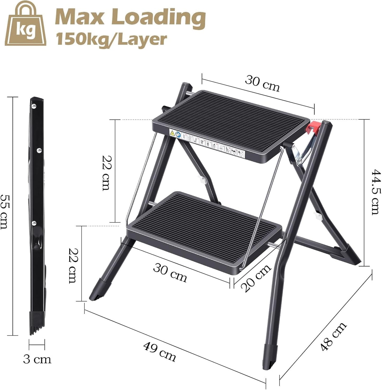 Folding Step, 2 Step Stepladder, Foldable,Step Stool with Release Button, Light Steel