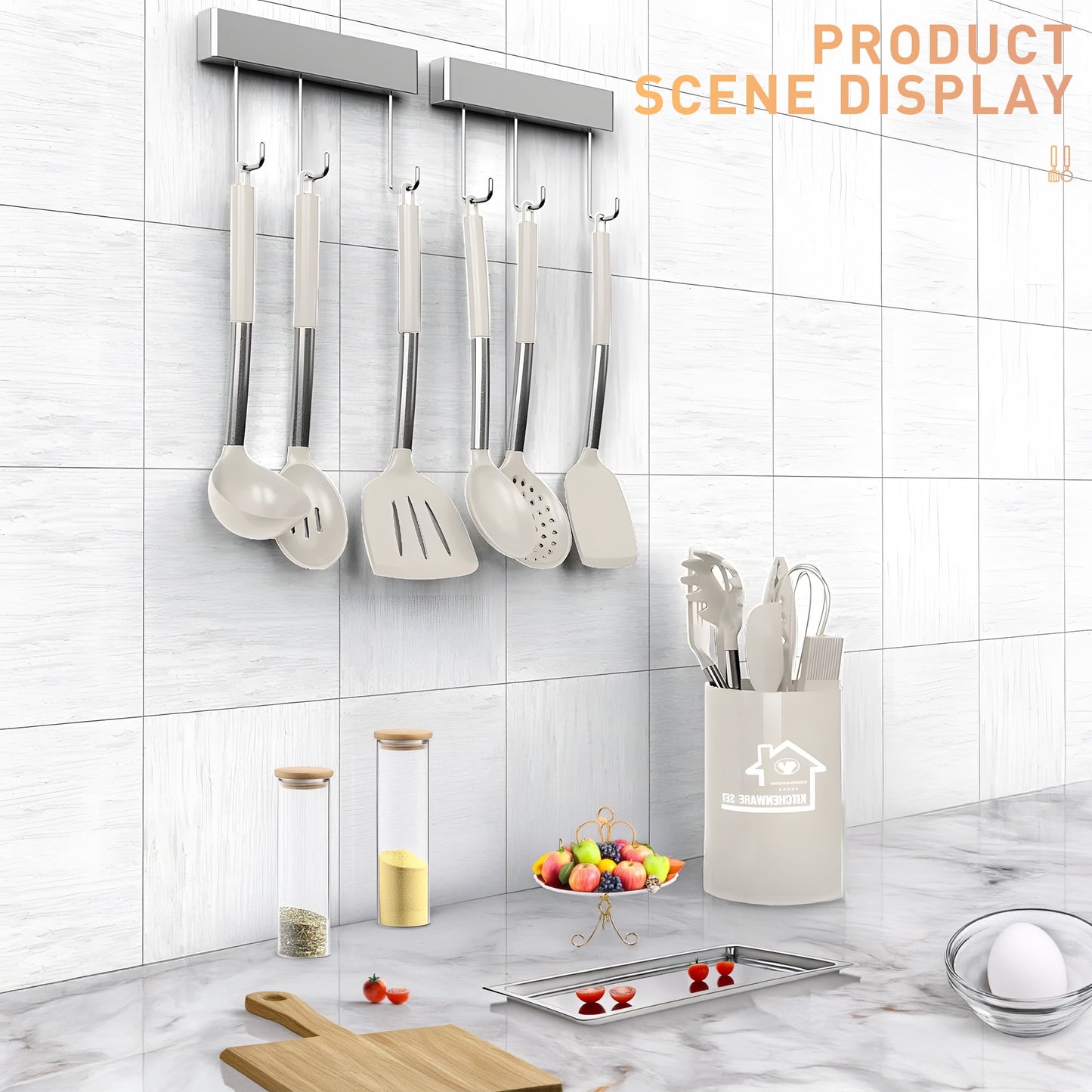 Aartvark Tees Kitchen Utensils Set,26 Piece Stainless Steel Silicone Cookware,Kitchen Spatula, Spoon, Turning Tongs, Brush, Whisk (Khaki)