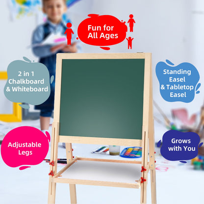 Kailwokk Art Easel for Kids, Adjustable Magnetic Double Side Wooden Drawing Toddler Easel with Deluxe Accessories for Ages 2-8