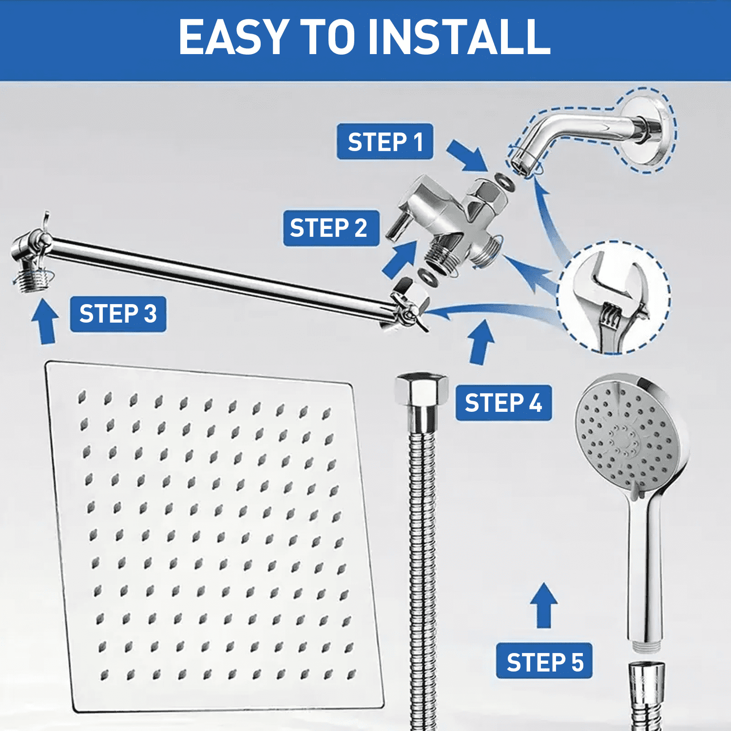 10" Rain Shower Head, Handheld Spray Combo 5 Settings Adjustable High Pressure Dual Showerhead Silver Chrome