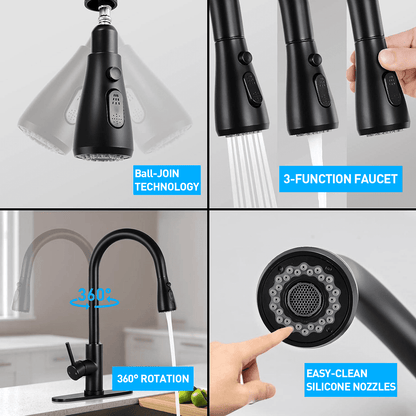 AMBLER Kitchen Faucet with Pull Down Sprayer, Kitchen Sink Faucet Two Water Flow Modes for Farmhouse Camper Laundry Utility Rv Wet Bar（Black）