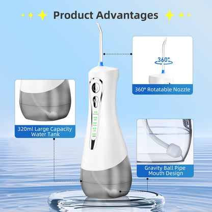 Cordless Water Flosser for Teeth - 4 Modes Dental Teeth Cleaner, Portable Irrigador Dental with 5 Jet Tips & 320ML Larger Tank for Travel, White