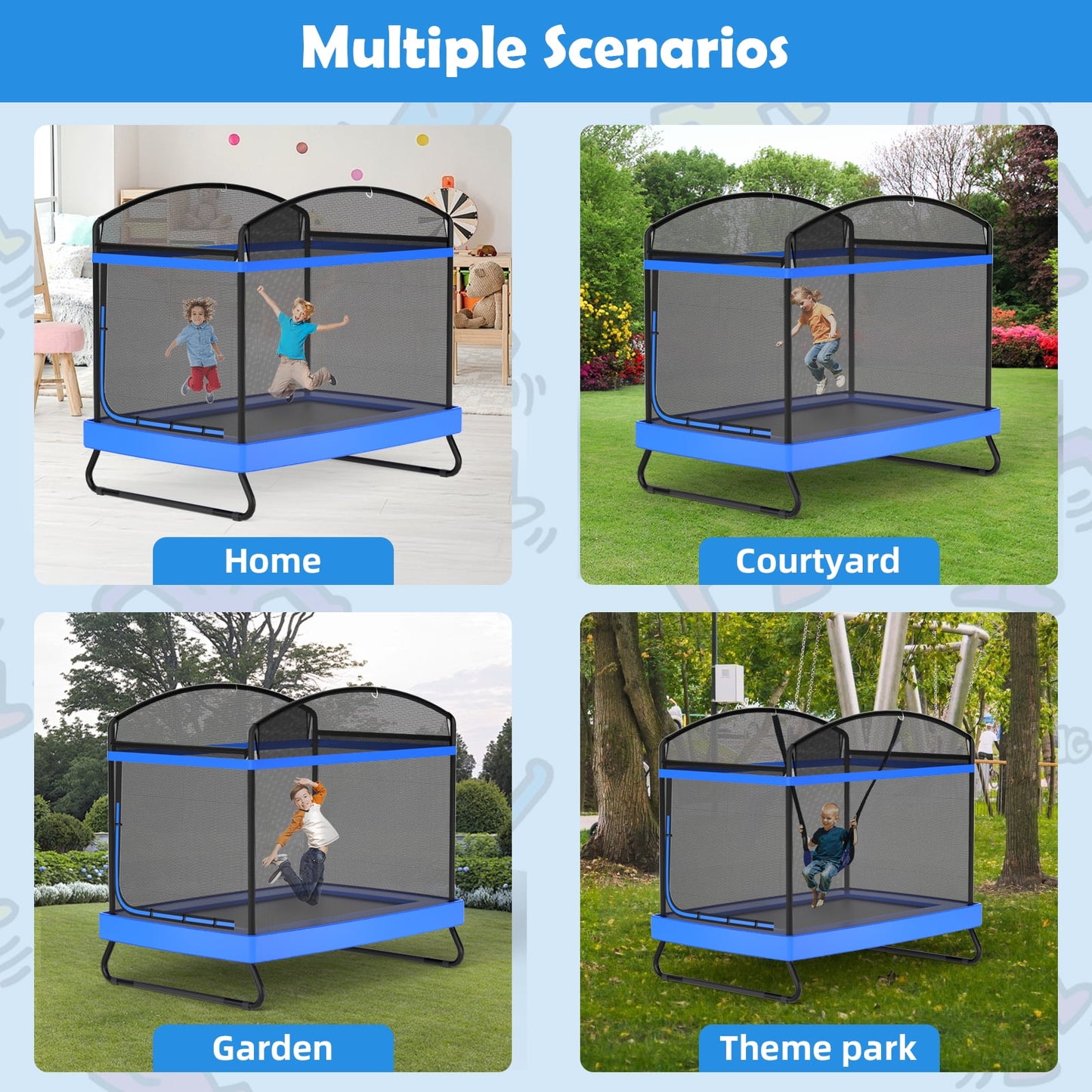 IJIL 6FT Kids Trampoline Outdoor with Swing,Rectangle Indoor Trampoline for Kids Toddlers Baby Outdoor Games,Blue