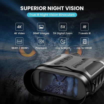 4K Digital Night Vision Goggles Binoculars for Total Darkness 32GB Memory Card for Photo and Video Storage Infrared Digital Night Vision 3'' Large Screen Perfect for Hunting and Farm Monitoring