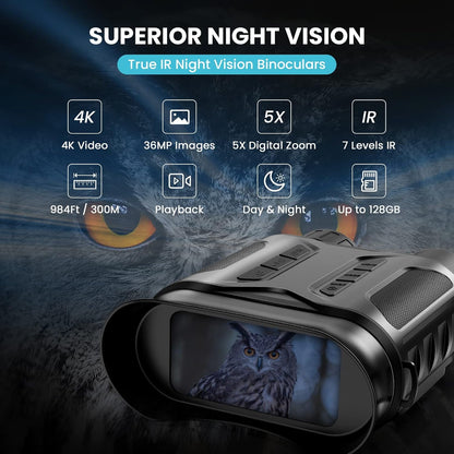 4K Digital Night Vision Goggles Binoculars for Total Darkness, Infrared Digital Night Vision, 32GB Memory Card for Photo and Video Storage, 3'' Large Screen Perfect for Hunting and Farm Monitoring