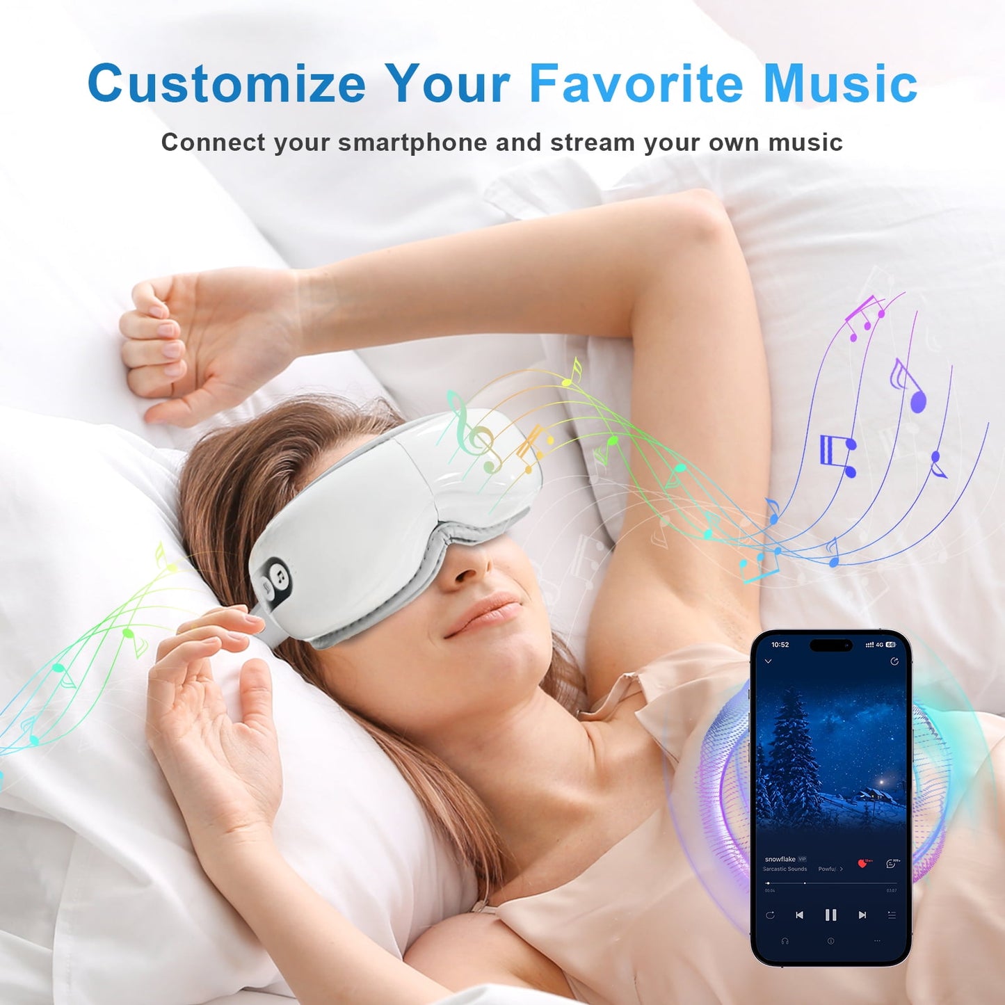 Kailwokk Eye Massager with Heat & Vibration – 5 Massage Modes, Bluetooth Music, Adjustable Headband Fathers Day Gifts - White