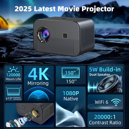 AMBLER 4K Projector with WiFi and Bluetooth, 20000L Native 1080P Outdoor Portable Movie Video Projector