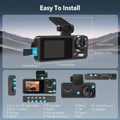 170¡ã FHD Dash Camera 3 Channel Dash Cam Front and Rear with Free 64GB SD Card