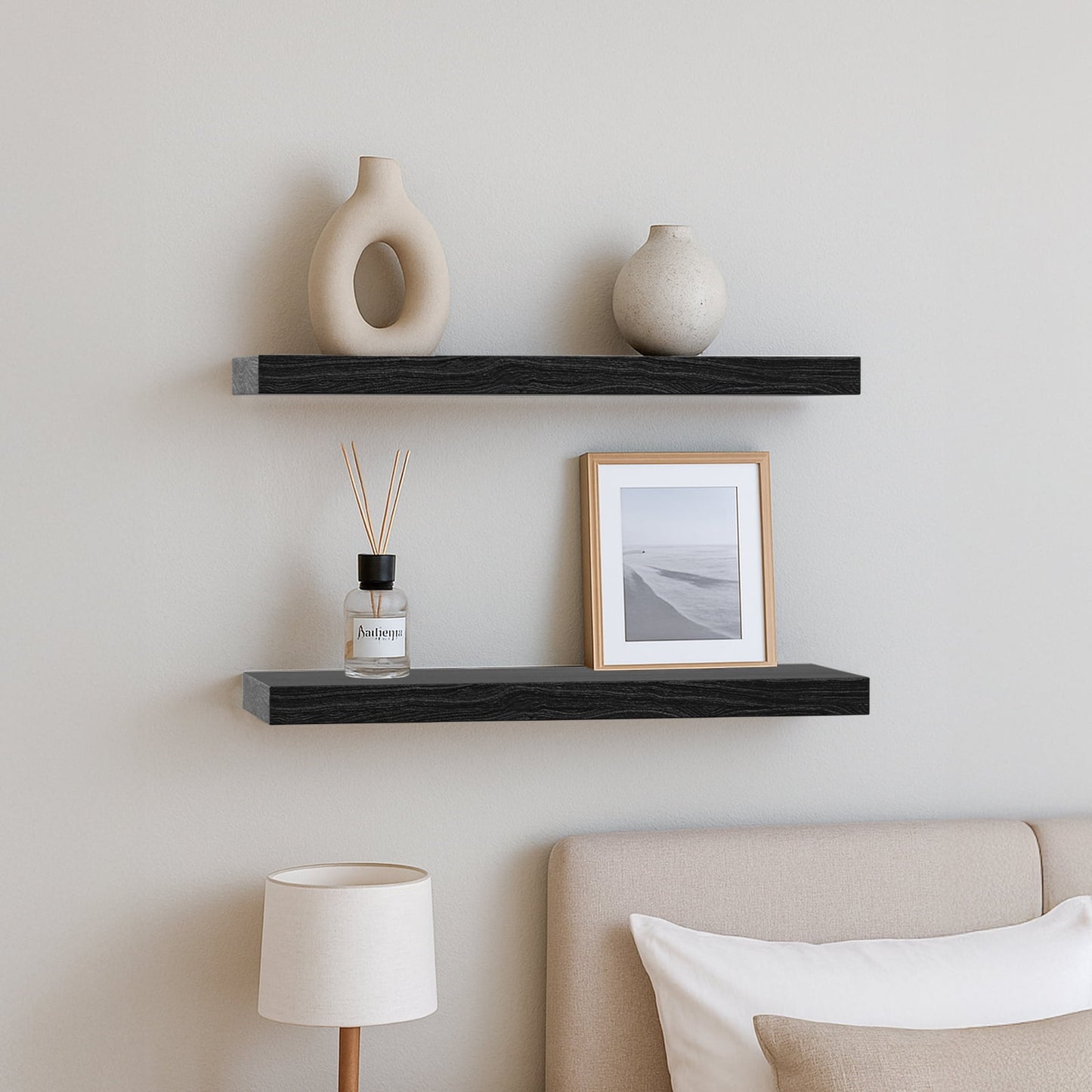 Floating Shelves for Wall, 16" Kailwokk Wood Wall Shelves, Holds 22lbs, Space-Saving for Bathroom Bedroom Kitchen(Black, Set of 2)