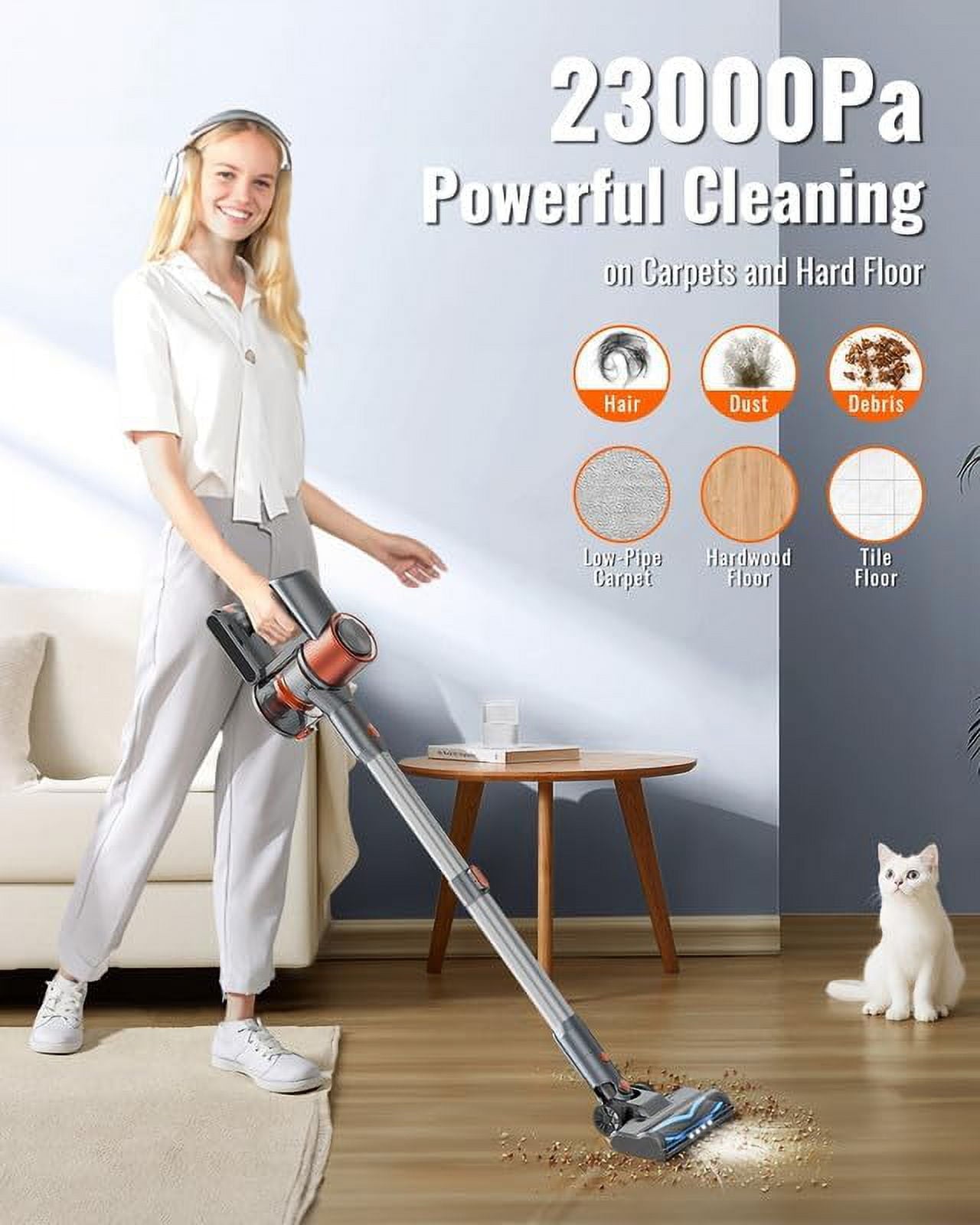 Cordless Vacuum Cleaner with LED Display, Lightweight Stick Vacuum,Powerful Rechargeable Vacuum Cleaner for Hard Floor Carpet Pet Hair Home