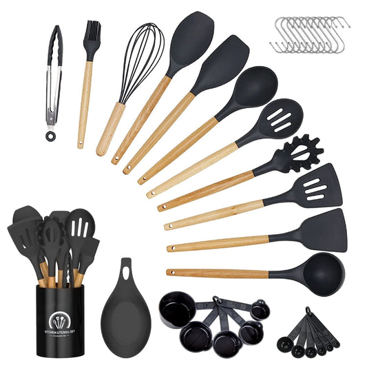 34 Silicone Cooking Utensils Set - 446°F Heat Resistant Silicone Kitchen Utensils for Cooking, Kitchen Utensil Spatula Set w Wooden Handles and Holder