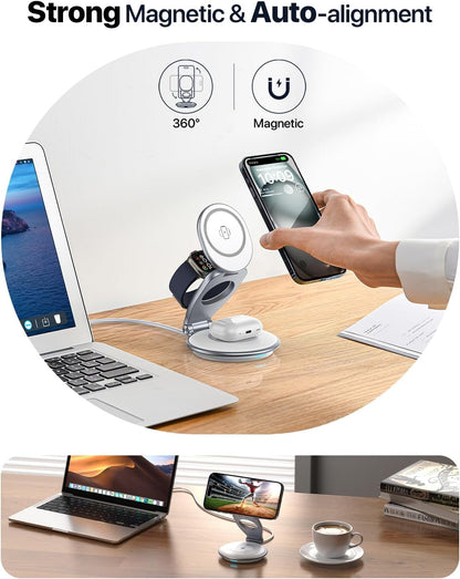 Wireless Charging Station for Magsfe Charger,3 in 1 Wireless Charger for Magsafe Charging Station,Foldable Charger for iPhone 16/15/14/13/12 Series for Apple Watch & AirPod(30W Charger Included)