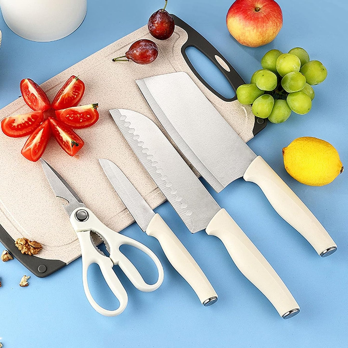 Knife set For Kitchen with Block,White Kitchen Knife Sets with Built-in Sharpener,Cutlery set with Measuring Cups and Spoons For Cooking