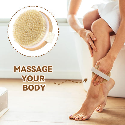2 Pack Dry Body Brush,Natural Bristle Exfoliating Brush for Dry Skin,Improve Circulation,Lymphatic Drainage,Cellulite