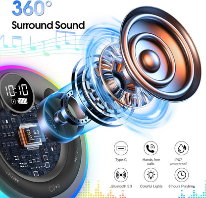 Bluetooth Speaker, HD Stereo Sound Shower Speaker, IPX7 Waterproof, Digital Display Portable Speaker with Suction Cup, LED Light, Small Wireless Speaker for Outdoor Party Beach Bathroom, Black