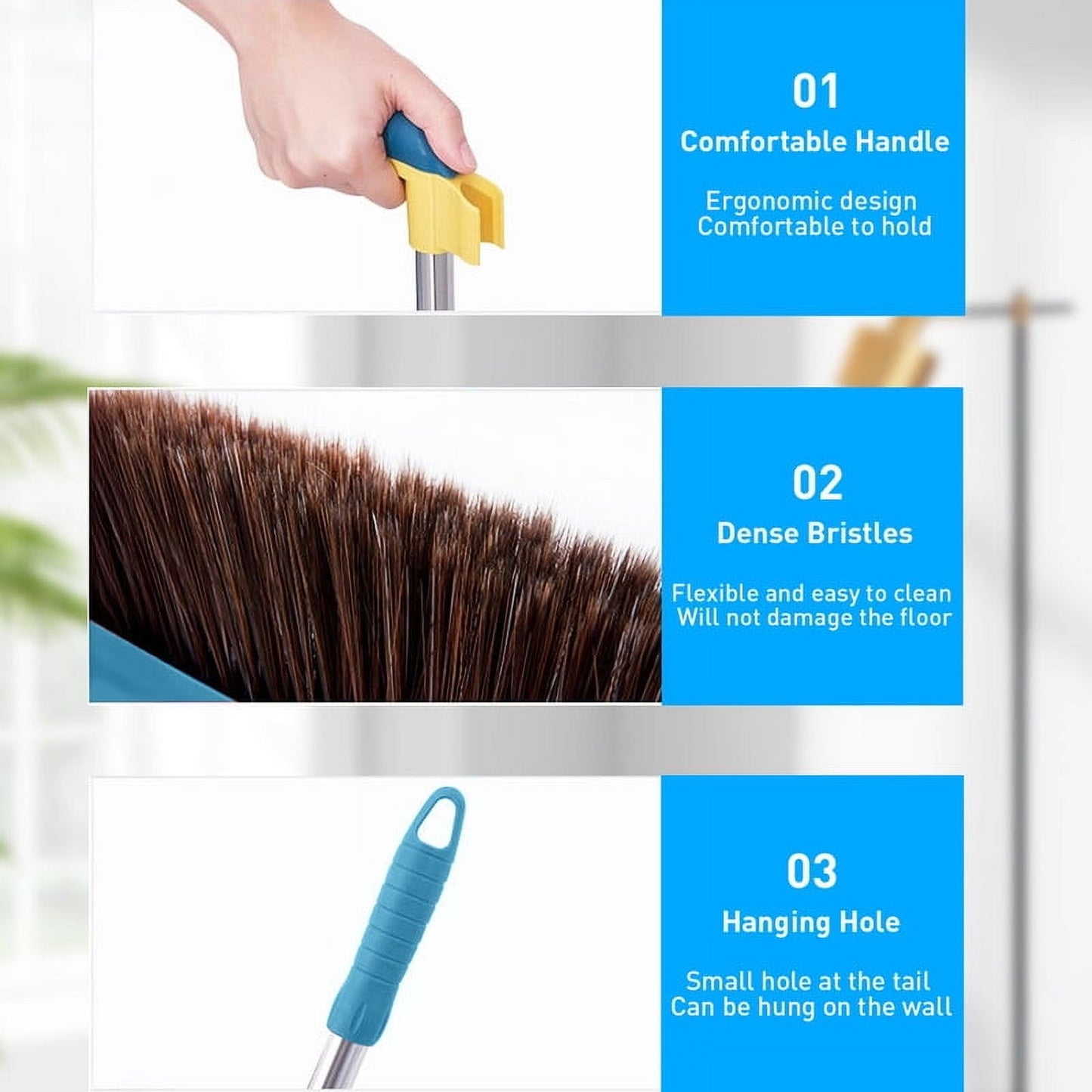 Broom and Dustpan Set, 51.2" Self-Cleaning with Dustpan Teeth for Pet Hair, Home, Kitchen, Blue