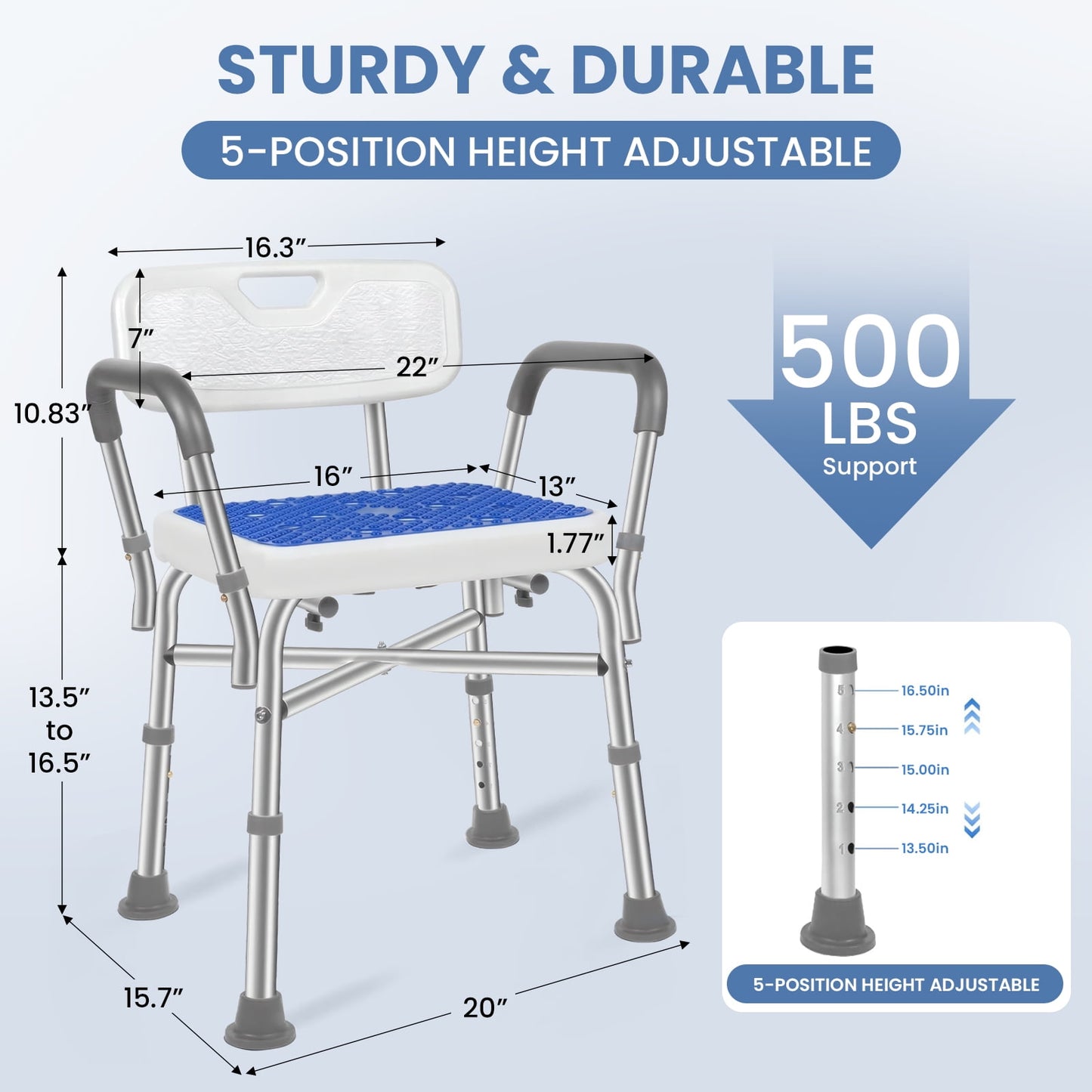 Shower Chair,Bath Seat for Inside Shower with Removable Back Padded Armrests,5 Height Adjustable 500 Lbs Heavy Duty Shower Seat for Elderly,Adults,Disabled