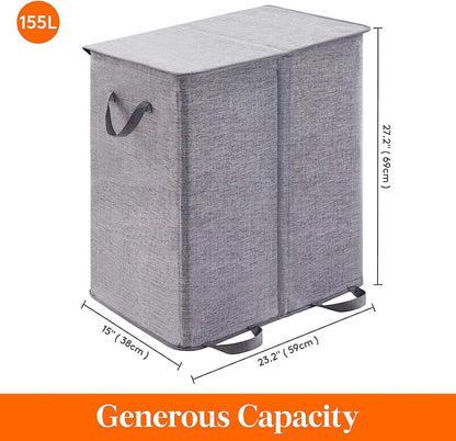 Double Laundry Hamper with Lid and Removable Laundry Bags Laundry Room Large Collapsible 2 Dividers Dirty Clothes Basket with Handles for Bedroom Closet