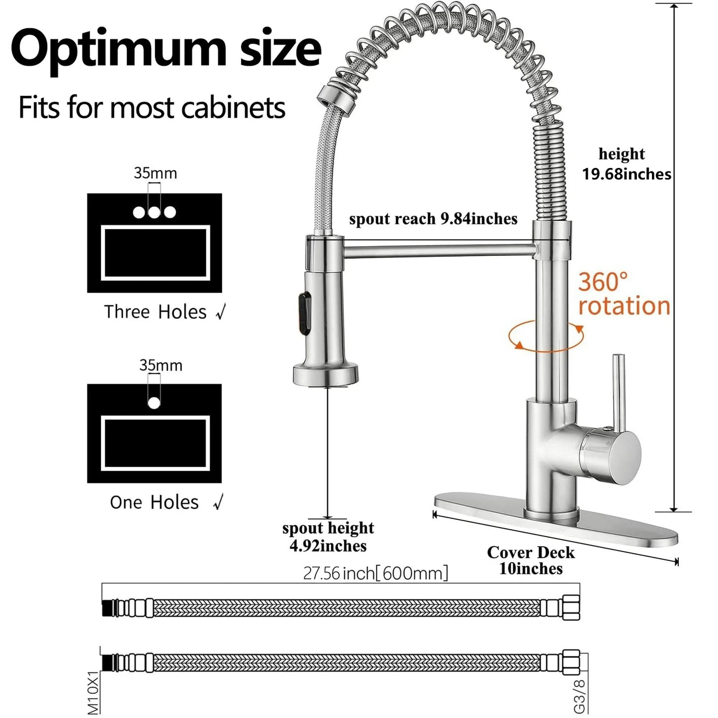 Kitchen Faucet with Pull Down Sprayer, Brushed Nickel Commercial Spring Kitchen Sink Single Handle Pull Out Sink Faucets with Deck Plate Suit to 1 or 3 Holes