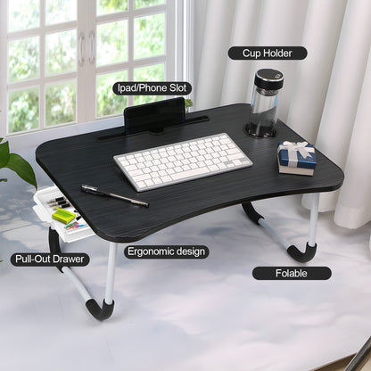 Foldable Lap Desk, 23.6 Inch Portable Wood Laptop Desk for Bed Sofa Reading Writing Eating Watching, Black