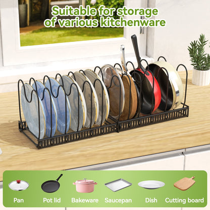 Expandable Pot and Pan Organizer for Cabinet, Pot Pan Rack for Kitchen Storage, Pot Lid Holder, 14 Adjustable Dividers, Apartment Must Haves