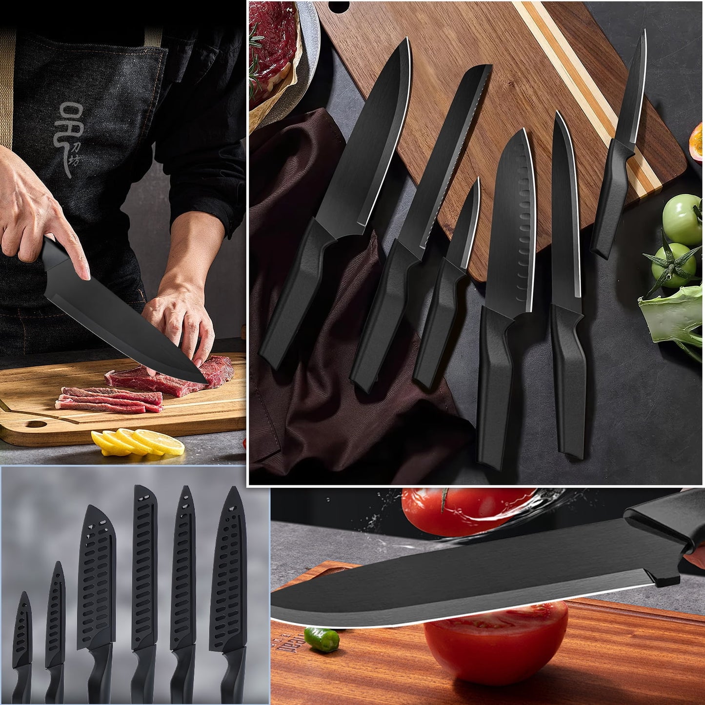 Kailwokk Kitchen Knife Set, 13 Pcs Stainless Steel Chef Knife Sets with Sharpener & 6 Blade Guards, Non-stick Coating, Dishwasher Safe, Perfect Gifts for Kitchen