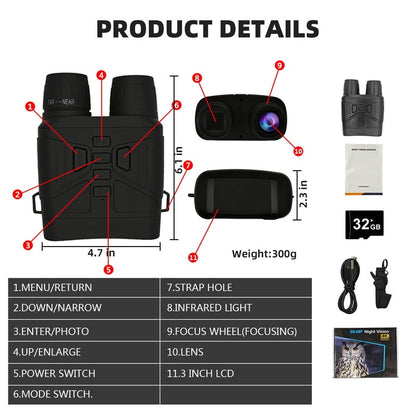 Night Vision Goggles - 4K Binoculars 5000mAh Battery, 32GB TF Card 3" HD Screen for Camping Security, Black
