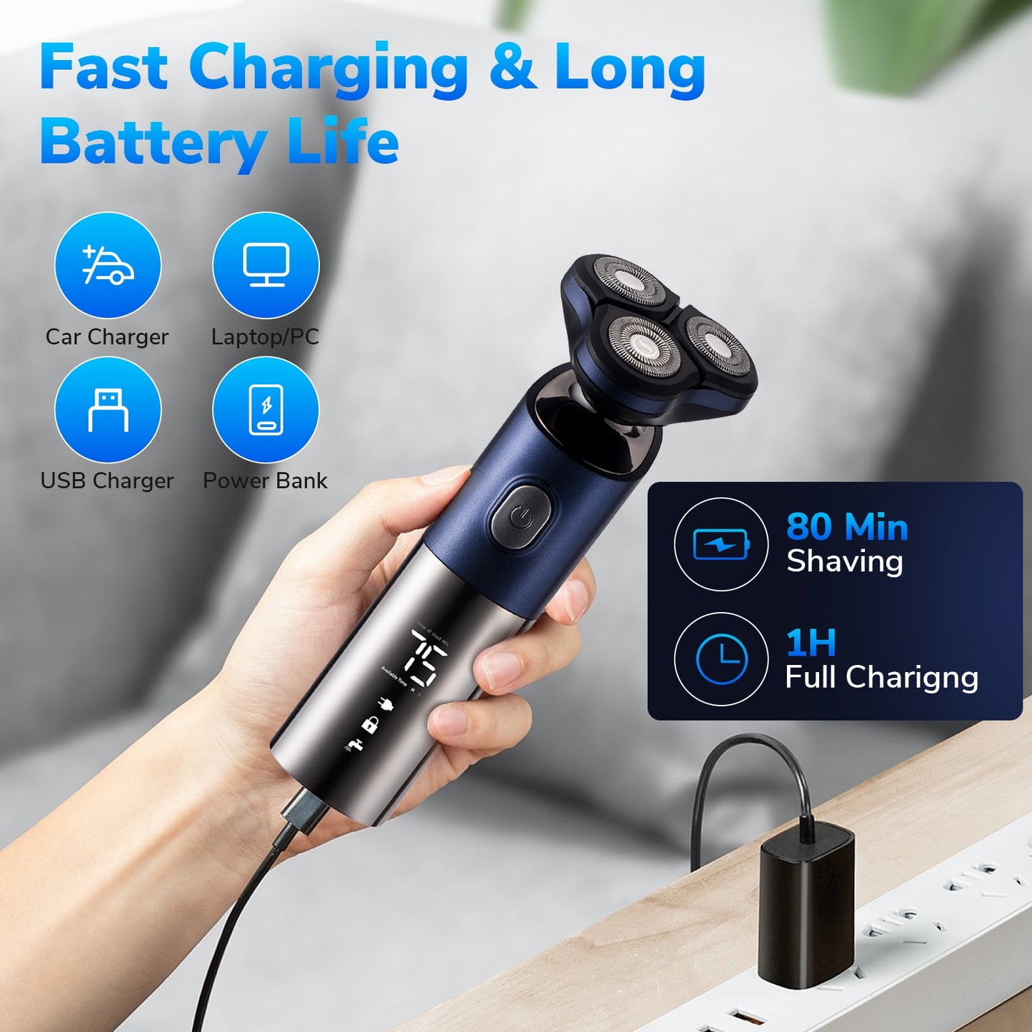 detects motiond Electric Razor: Men's Electric Shavers, Rechargeable Wet Dry Beard Trimmer with LED Display - Cordless Portable Razor