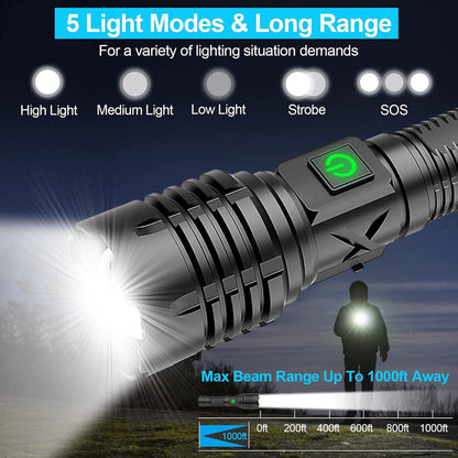 Ultra Bright Tactical Flashlight, 900 Lumen Zoomable Adjustable Focus, 3 Light Modes, Heavy-Duty Aluminum Torch for Hurricane Supplies Camping, Includes 3C Alkaline Batteries