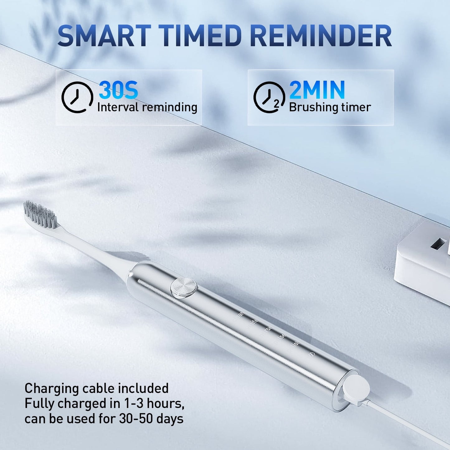 AMBLER Electric Toothbrush for Adults and Kids,40000 VPM Deep Clean 5 Modes 6 Brush Heads Smart Timer（White）