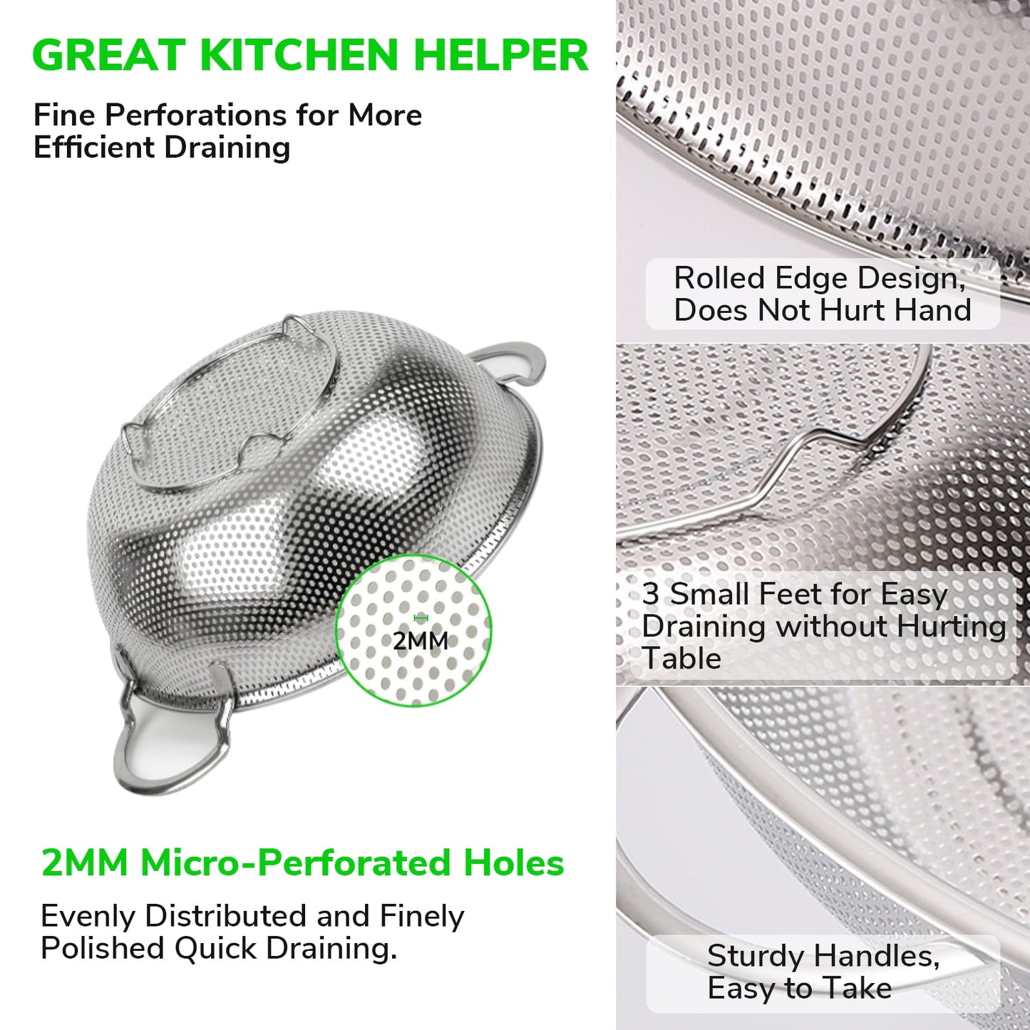 Kailwokk 3 Pcs Steel Strainer Set,Handle Micro-Perforated Colander Strainers for Draining Rinsing Pasta Vegetables Fruits - 3/5/8 Quart
