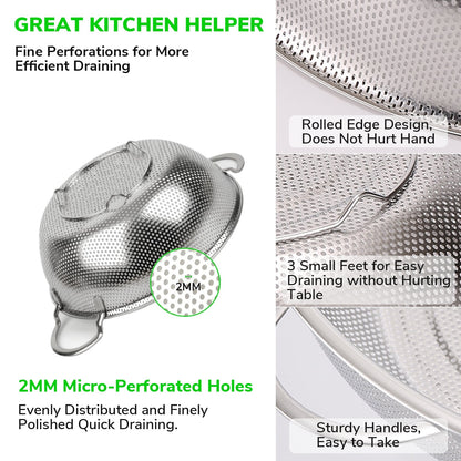 Kailwokk 3 Pcs Steel Strainer Set,Handle Micro-Perforated Colander Strainers for Draining Rinsing Pasta Vegetables Fruits - 3/5/8 Quart