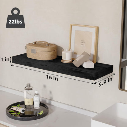 Floating Shelves for Wall, 16" Kailwokk Wood Wall Shelves, Holds 22lbs, Space-Saving for Bathroom Bedroom Kitchen(Black, Set of 2)