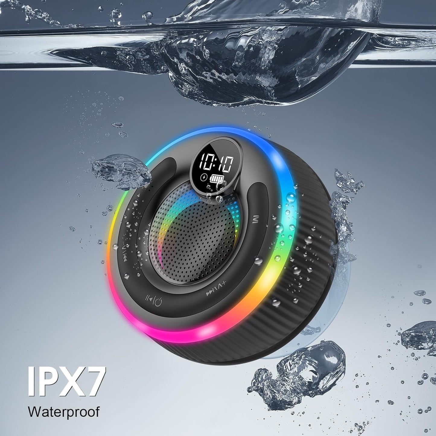 Bluetooth Speaker, HD Stereo Sound Shower Speaker, IPX7 Waterproof, Digital Display Portable Speaker with Suction Cup, LED Light, Small Wireless Speaker for Outdoor Party Beach Bathroom, Black