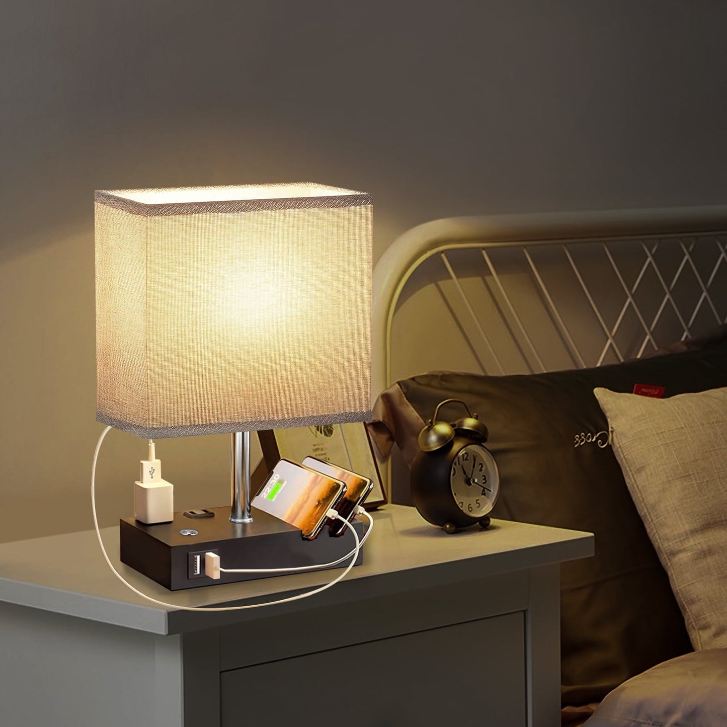 SZRSTH 15.7" Bedside Table Lamp for Bedroom, Dual Fast USB Charging Ports, Fully Dimmable Nightstand Lamps