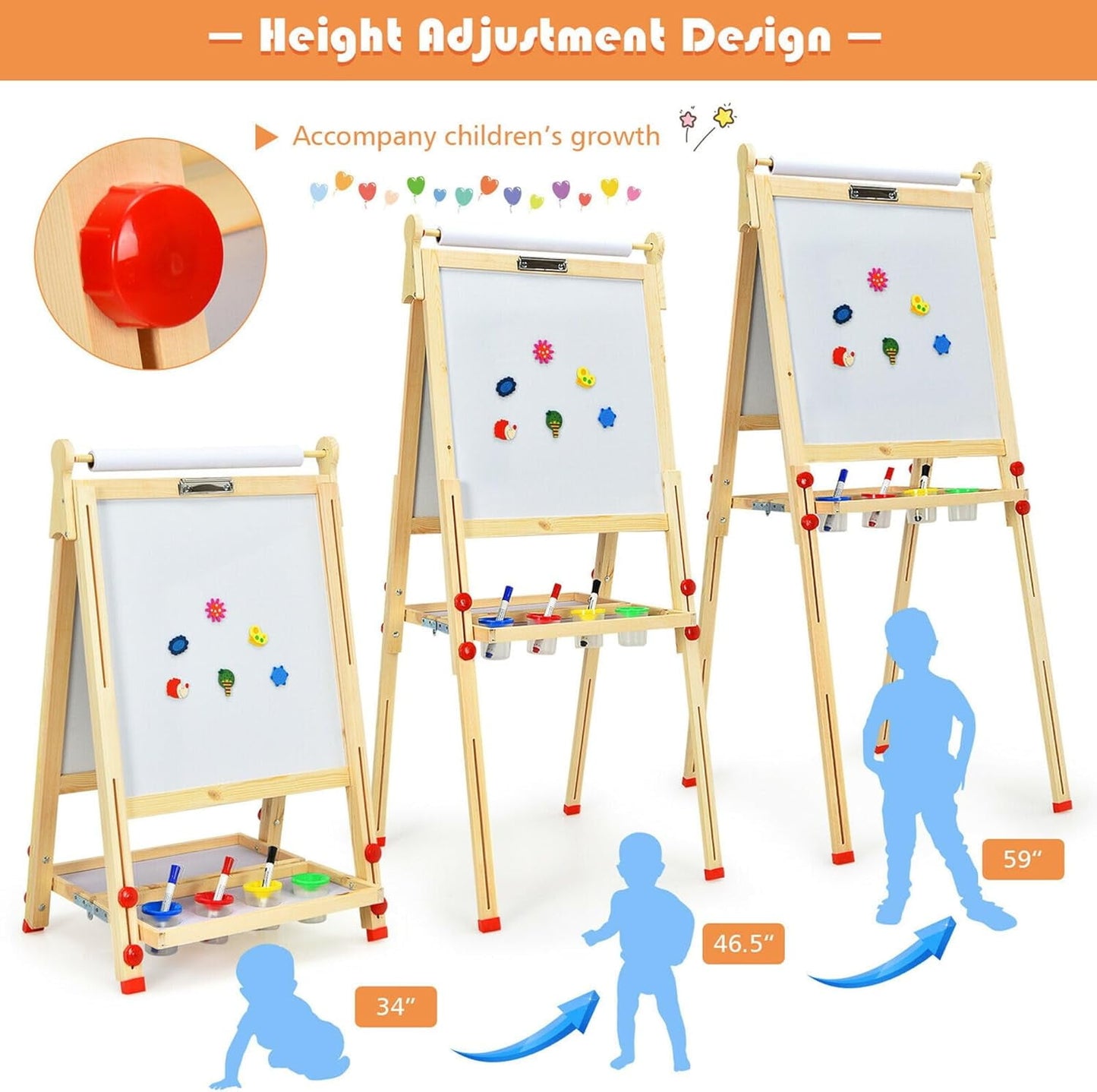 Art Easel for Kids Adjustable Standing Easel for Toddlers with Accessories, Magnetic Whiteboard & Chalkboard, Wooden Double Sided Drawing Board for Children, Beginners, Home, Classroom