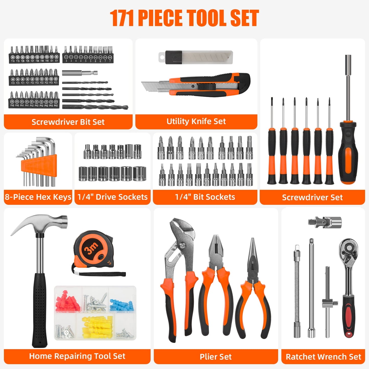 TORIO 171-Piece Tool Set, Complete Home & Garage Repair Kit with Wrenches, Screwdrivers, Pliers, Hammers & More