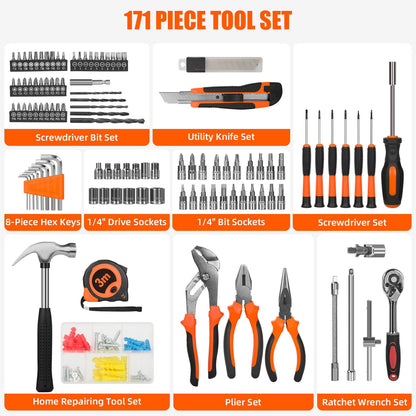 TORIO 171-Piece Tool Set, Complete Home & Garage Repair Kit with Wrenches, Screwdrivers, Pliers, Hammers & More