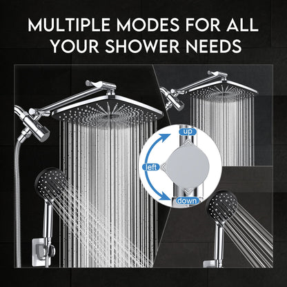 12 Inch High Pressure Rain Shower Head Combo with Adjustable Extension Arm - Wide Rainfall & 5 Spray Handheld Showerhead