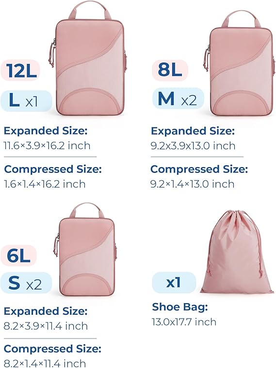 Compression Packing Cubes for Travel, 6 Set Travel Packing Cubes for Suitcases, Compression Suitcases Organizers Bag Set for Travel Essentials, Lightweight Packing Organizers with Shoe Bag